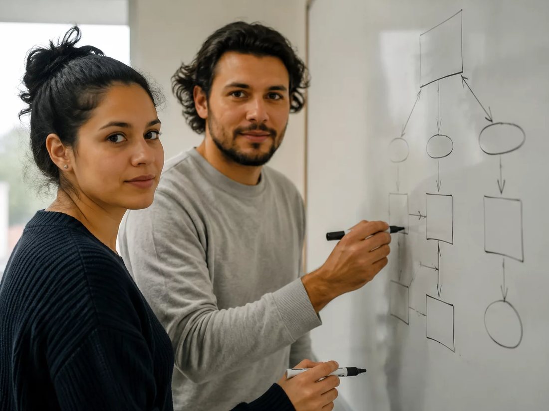 Dois alunos em pé diante do quadro branco, desenhando a ordem de um argumento